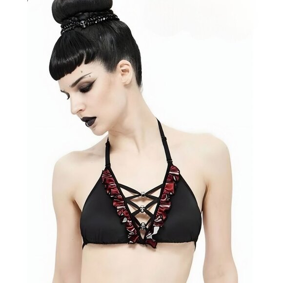 Crisscross Plaid Bikini Set XL-2XL – Ruffle Trim & Skull Charms by Devil’s Fashi - Picture 3 of 10